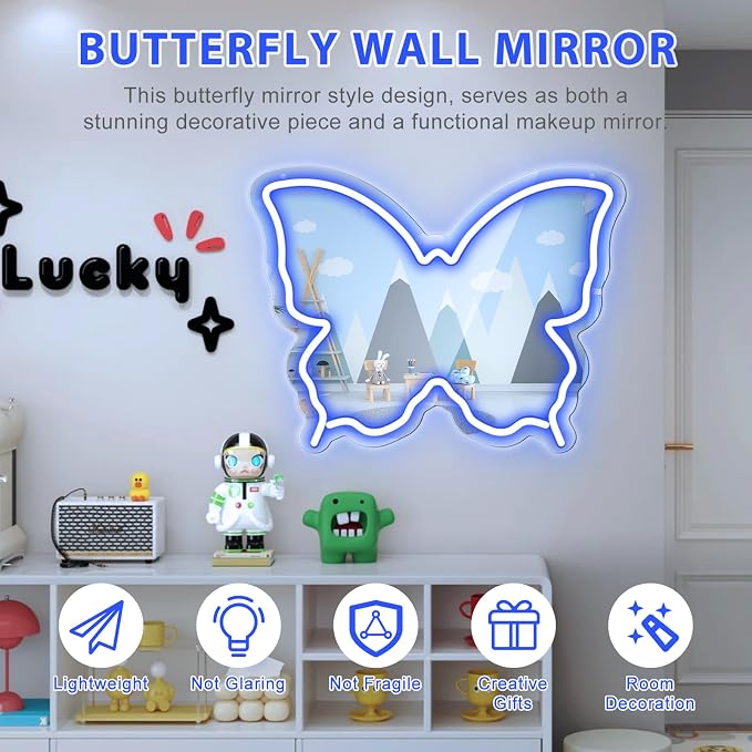 Butterfly Neon Sign Mirror, Neon Sign for Wall Decor, LED Butterfly Light with Dimmable Brightness, 15.7" x 12" Mirror Neon Sign for Girls Room, Teen Bedroom Decor, Birthday Party Gift, USB Powered Blue