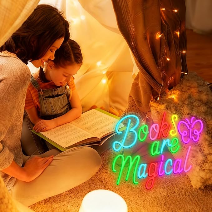 Books Are Magical Neon Sign, Neon Signs for Wall Decor, Dimmable Led Signs for Bedroom, Light Up Signs for Classroom Reading Room Book Party Library Decoration Decor 14.57 x 12.6 inch