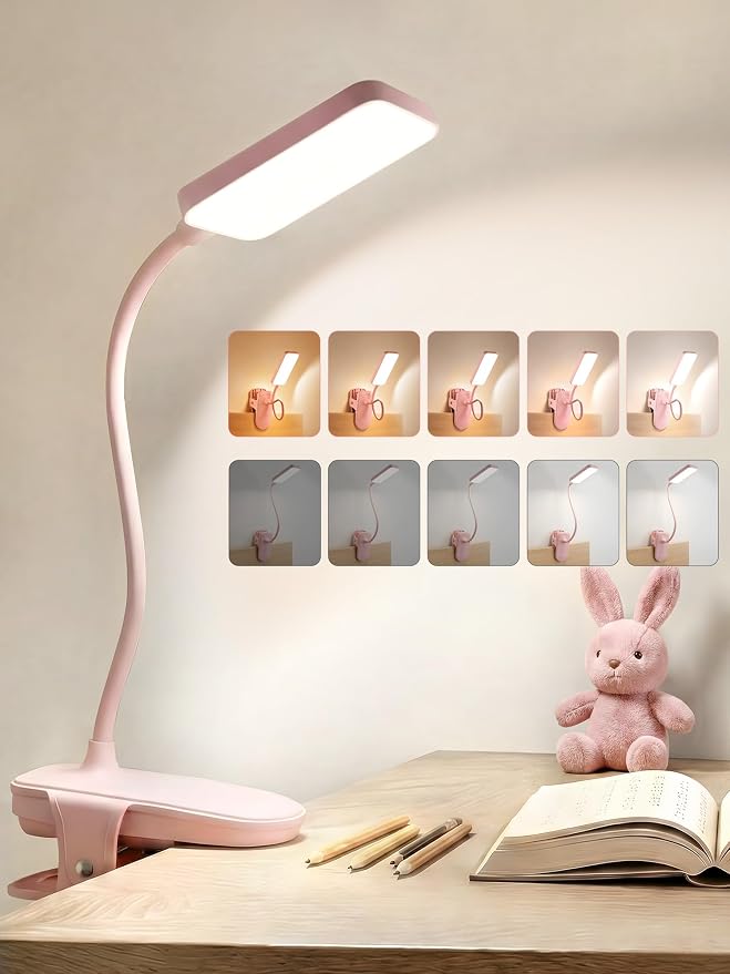Pink Desk Lamp Cute Clip on Lamp,45 Modes Dimmable+450 Lumen Clip on Light | 4000mAh Battery Rechargeable Book Light for Reading in Bed,Cordless Small Pink Lamp for Girls Room/Kids Bedroom/Bedside/Dorm