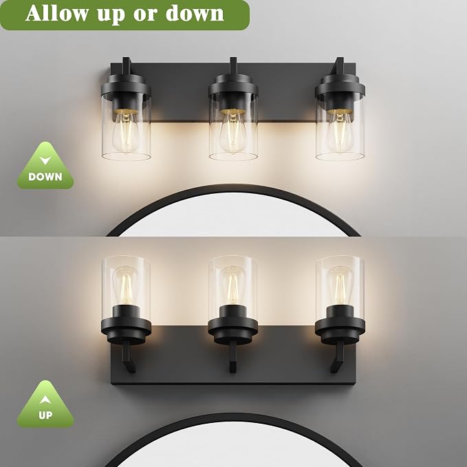 Bathroom Vanity Light, 3 Light Matte Black Vanity Lights with Clear Glass Shade, 22in Modern Wall Sconces, Bathroom Lighting Fixtures Over Mirror for Living Room