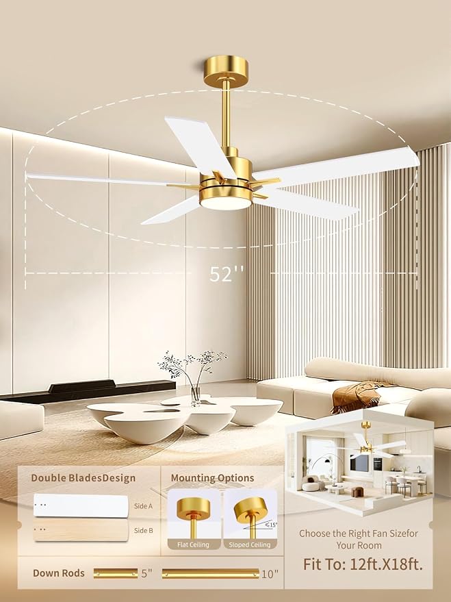 LANMEL Metal Ceiling Fan with Lights and Remote, 52 Inch, Gold & White | Modern Low Profile Flush Mount, Reversible, 3CCT Dimmable, Quiet, LED, For Bedroom, Living Room, Indoor/Outdoor Patio Use