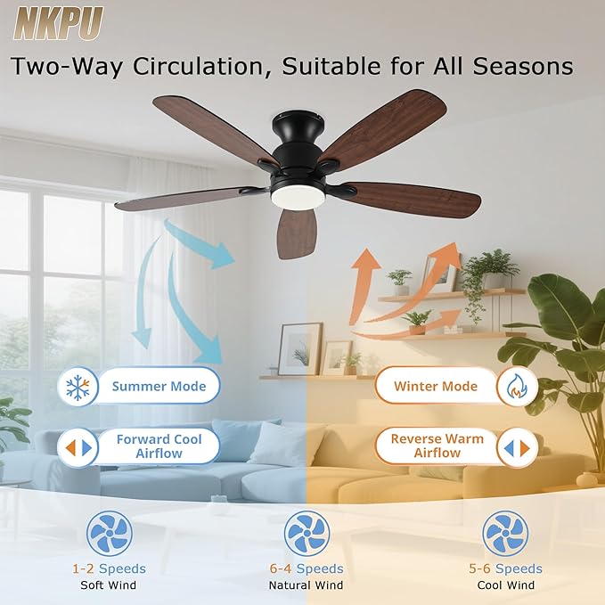 52inch Low Profile Ceiling Fan with Light and Remote/APP Control,Reversible DC Motor,Noiseless,Dimmable,Modern Flush Mount Ceiling Fan for Bedroom,Indoor/Outdoor Use(Brown)
