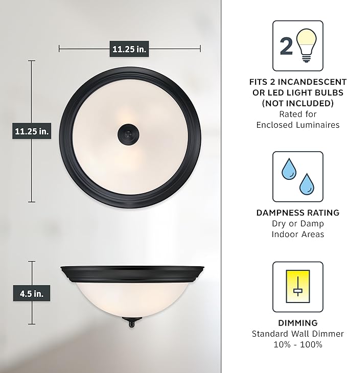Designers Fountain Flush Mount Ceiling Light, 11 Inch Frosted Glass Lighting Fixture for Kitchen, Bedroom, Bathroom, and Hallway, LED Bulbs Not Included, Matte Black