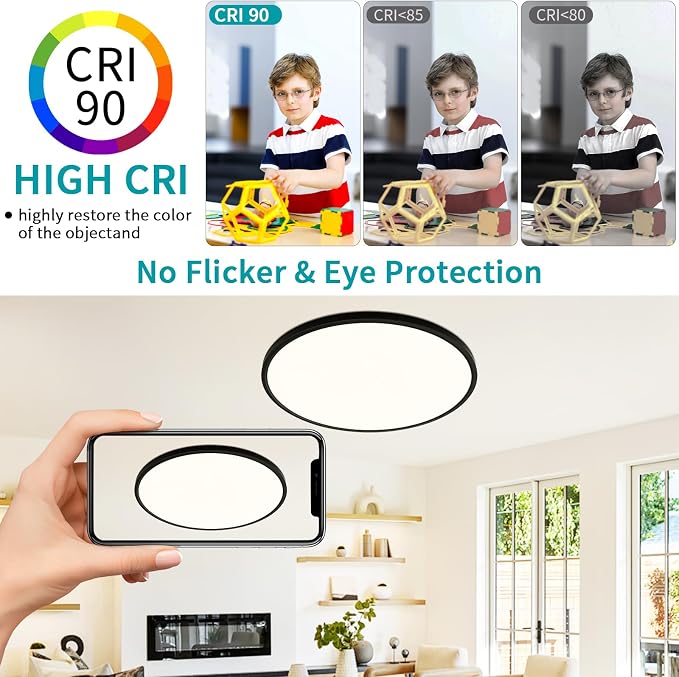24'' Large Flush Mount Ceiling Light Fixture Dimmable with Remote Control | 56W 5600Lm, Ultra Thin, Modern, Round, Black Led Ceiling Lamp for Kitchen, Dining Room, Bedroom, Living Room, Home Office