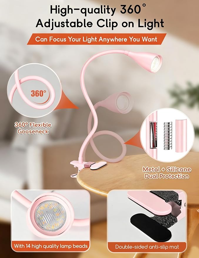 Reading Light for Book in Bed,Clip on Light Reading Lamp with Adapter Pink | 5 Color Modes 10 Brightness, Flexible Eye-Caring Clip on Desk Lamp Book Light for Reading in Bed Headboard Bedside Bedroom