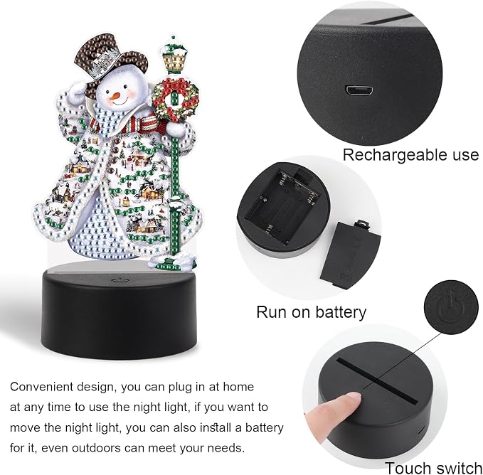 JISHSHAY Christmas Diamond Painting Night Light Diamond Art Table Lamps Gem Art LED Lights Gem Painting Desk Lamp Mosaic Kits for Adults DIY Kits for Adults Paint by Numbers Special Shaped Snowman