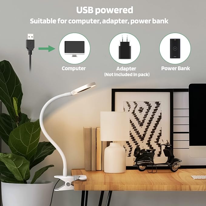 Glorious-LITE Clip on Light 36 LED Eye Caring Reading Light for Bed White | 360° Flexible Gooseneck, With 4 Color Modes, Dimmable Book Light for Bed, Desk, Headboard, USB Powered, With 59inch USB Wires