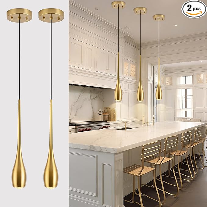 Gold Pendant Light, Modern Pendant Lights Kitchen Island, LED Hanging Light Fixtures for Dining Room Hallway Bedroom 2 Pack 3000K