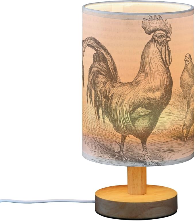 Table Lamp Retro Vintage Rooster Chicken Nightstand Lamp with Wood Base Fabric Lamp Shade Bedside Desk Lamp for Living Room Bedroom Kids Room Office