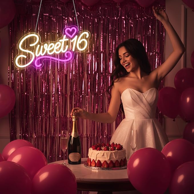 Sweet 16 Neon Sign, LED 16th Birthday Party Decor Light 16.1"X8.6" | USB Powered with Dimmer Switch Sixteen 16th Birthday Party Decorations for Girls Light Up for Wall Decor Room Decor Aesthetic