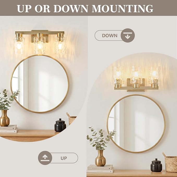 3-Light Bathroom Light Fixtures with Water Ripple Glass, Gold | Vanity Lights, Modern Wall Sconces, Over Mirror for Bathroom, Powder Room, Living Room