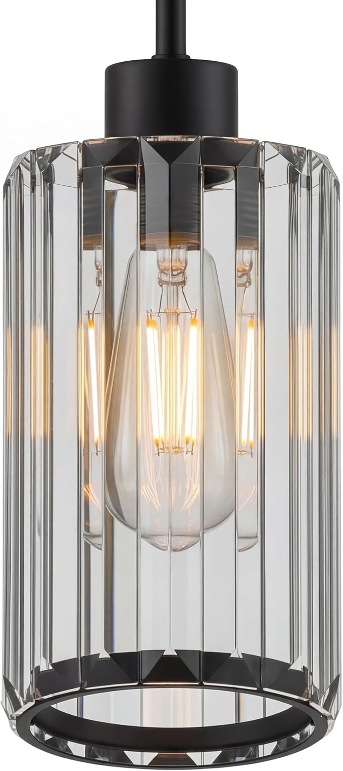 Modern Clear Fluted Glass Pendant Light 1 Pack - Thick Ribbed Glass with Soft Glow, Adjustable E26 Hanging Lamp for Kitchen Island & Dining Room