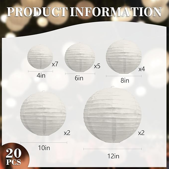 20Pcs Gray Paper Lanterns for Parties, 6” 8” 10” 12” Chinese Asian Hanging Round Paper Lanterns for Birthday Wedding Halloween Christmas Home Decor Party Decor