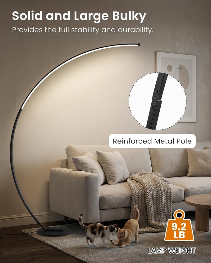 75 inch Dimmable LED Arc Floor Lamp for Living Room with Foot and Remote Control, 3 Color Temperatures, 3000K-6000K Whites, LED Corner Lamp, Modern Standing Tall Lamp for Bedroom B62LD05