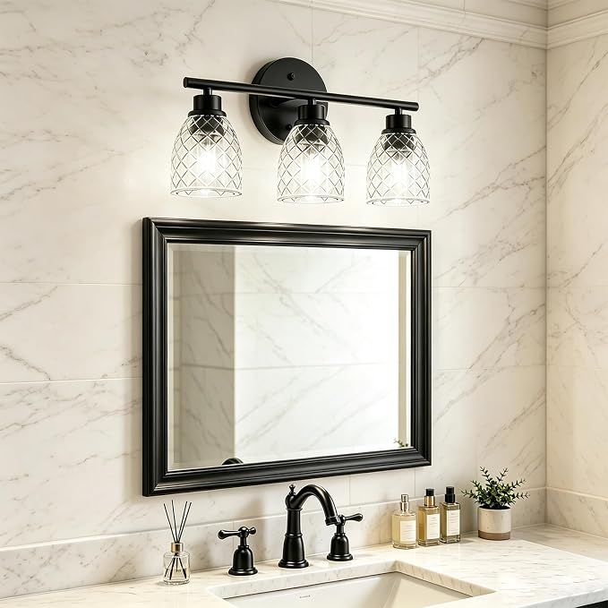 3-Light Vanity Light Over Mirror, Black Bathroom Light Fixtures | Modern Farmhouse Wall Lamp with Hammered Glass Lampshade for Kitchen Hallway Bedroom Living Room Cabinet Porch-18.1IN