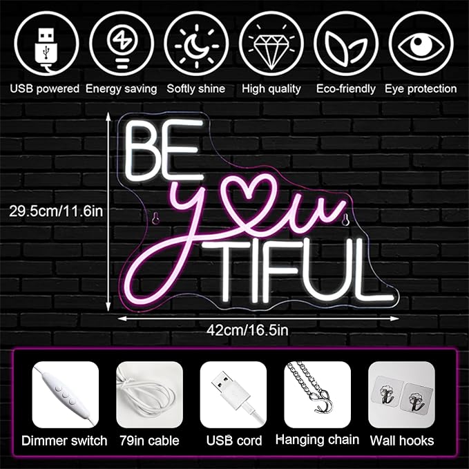 Horseneon Be You Tiful Neon Beautiful Led Sign, Beyoutiful Neon Signs for Wall Decor, Beautiful Neon Lights Signs for Nails Salon, Beauty Eyelash, Hair Salon Studio, Home Decor, Beauty Room