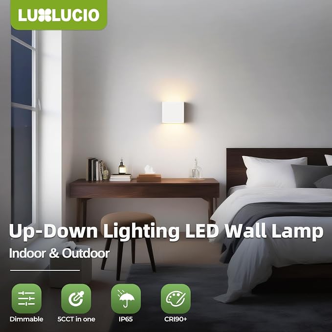2 Pack Indoor Outdoor White Up and Down LED Wall Light, Modern Bedroom/Porch Wall Lamp, IP65 Waterproof, 5%-100% Dimmable 18W 1620lm, 5CCT (2700K-5000K), CRI90+, 120V-277V