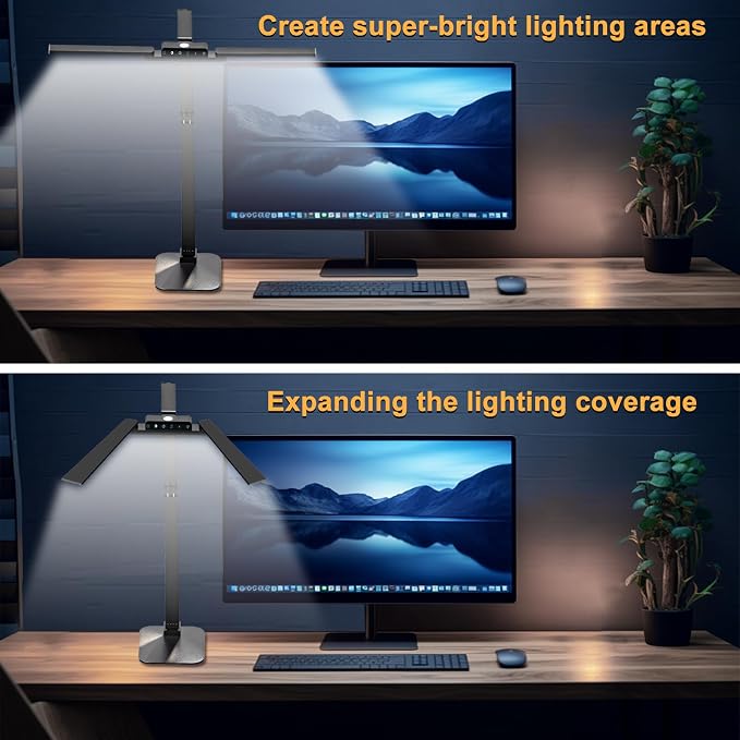 24W LED Desk Lamp with 2-in-1 Weighted Base & Clamp, 26.8" Dual Monitor Light Bar, Remote, Eye-Caring Red Light Beads, Stepless Dimming, Adjustable Architect Swing Arm for Home Office, Black | Weighted base option, remote control, eye-caring red beads,...