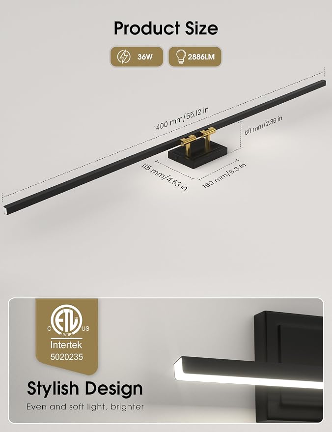 VOLISUN Modern Bathroom Vanity Light 55 inch, Rotatable, 36W Dimmable 5CCT Led Bathroom Light Fixture Over Mirror, Black Gold Bar Vanity Light for Bathroom Mirror Cabinets-ETL Certificated