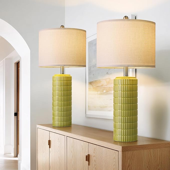 PoKat 27.5'' Tall Table Lamps for Living Room Set of 2, Mid Modern Century Ceramic Bedroom Lamps for Night Stands, Bedside Lamps for Bedroom, Nightstand Lamps for Side End Table Hallway, Green