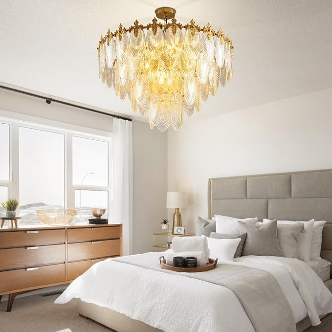 Modern Large Crystal Chandelier, 4-Layer Gold Glass Chandelier, 12 Light Round Antique Ceiling Pendant Light, 31.5 Inchs Adjustable Height for Foyer, Living Room, Bedroom, Dining Room