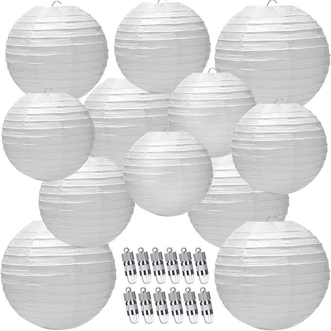12 Pack White LED Paper Lanterns, 6" 8" 10" 12" Round Hanging Chinese/Japanese Ball Lanterns for Christmas, Valentine's Day, Easter, 4th of July, Christmas