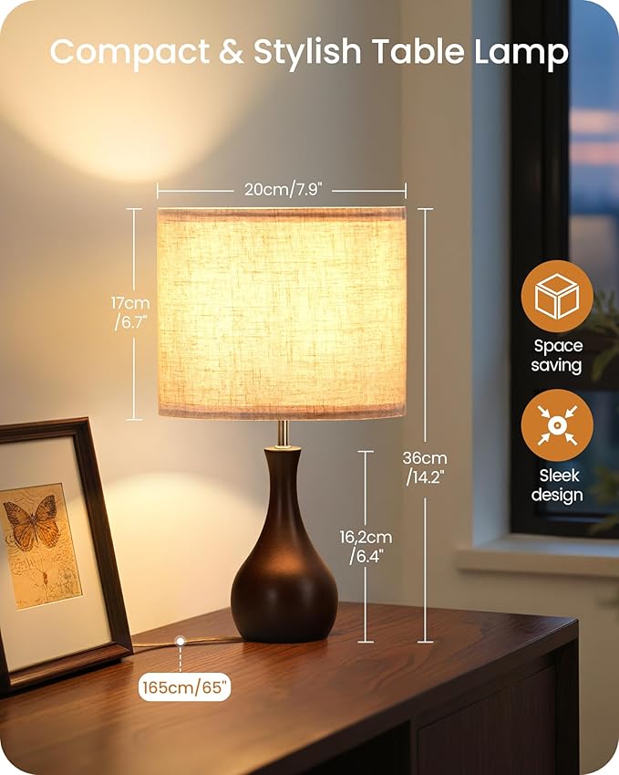 Small Table Lamp, 14.2" Cute Little Desk Lamp, Wood Bedside Lamp with Linen Lampshade, Modern Nightstand Lamp for Bedroom, E26 Base, Bulb Not Included, Beige & Dark Walnut STE09TL05