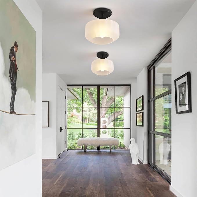 Industrial Black Matte Light Fixtures Ceiling Mount, with Frosted Glass Shades Semi Flush Mount Ceiling Light, for Hallway Fixtures Kitchen, Foyer