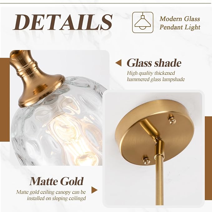 Modern Gold Pendant Lights, Adjustable Kitchen Island Pendant Lighting Fixtures with Clear Glass Shade, Hanging Light for Dining Room, Bedroom & Home Decor (Bulbs Not Included) 1 Pack