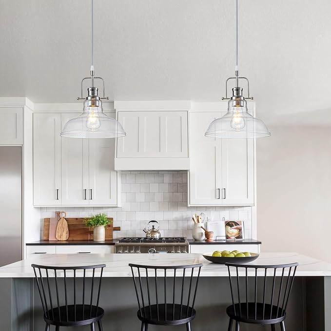 WILON Seeded Glass Modern Pendant Light for Kitchen, Brushed Nickel | 11'' Seeded Glass Shade, Adjustable Height, E26 Ceramic Socket, 60W MAX, Modern Style for Dining Room Kitchen Over Sink