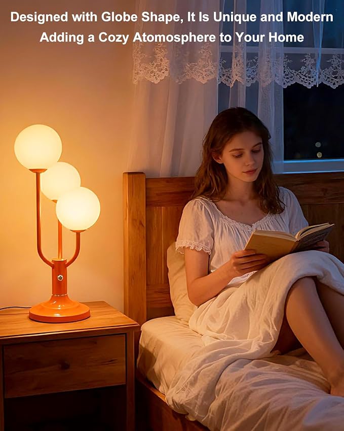 Orange Table Lamp Dimmable Vintage Globe Lamp G9 3 Bulbs Included | Mid Century Modern Desk Lamp Night Light Warmwhite Ambient Nightstand Bedside Lamp for Living Room Bedroom Home Decor Gift