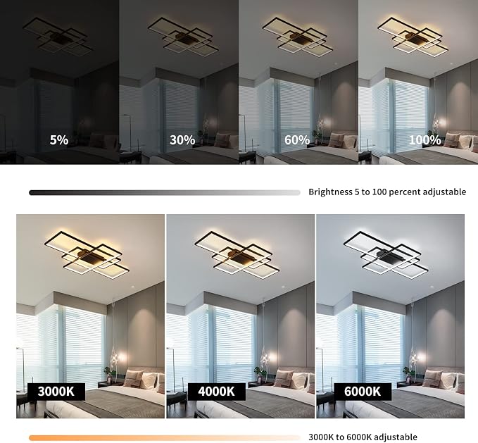 GEADI Modern 41.3in 3-Square LED Ceiling Light, 68W Black Flush Mount | Dimmable Rectangular Ceiling Lamp with Remote Control, 3000K-6000K, 5440 Lumens for Living Room, Dining Room and Kitchen