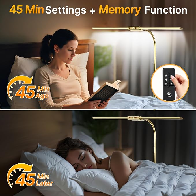 Syrinx LED Floor Lamp, 18W 2000LM Bright Reading Floor Lamp for Office, Gesture & Remote Control, Dual Head Gooseneck Standing Lamp, Dimmable Brightness & Color Temp, Floor Light for Living Room, Gold