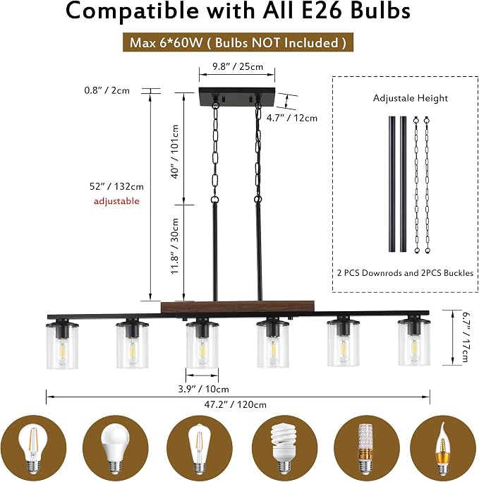 47.2" Farmhouse Dining Room Fixture Over Table, Black Chandelier | 6-Light, Modern Rustic Wood Frame, Adjustable Height, Clear Glass Shade, Ceiling Pendant Lighting for Kitchen Island