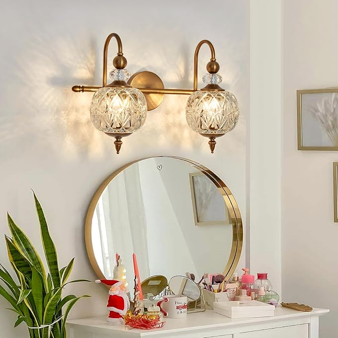 Piepooye Vintage Bathroom Light Fixtures Gold Vanity Light with Glass Globe LampShade 2 Lights Mid Century G9 Bulb Wall Sconce Indoor Vanity Light Over Mirror for Bedroom Farmhouse Hallway