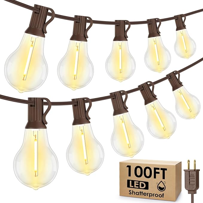 100FT Outdoor String Lights, Patio Light with 32 A39 Bulbs, Brown | Plug in, Dimmer not included, Waterproof, Shatterproof, Extendable, LED Hanging Lamp for Outside Pool Deck Fence Decor