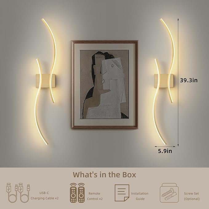 Battery Operated Wall Sconce Set of Two, Dimmable Modern LED Rechargeable Wall Light with Remote Control, Wall Decor for Living Room