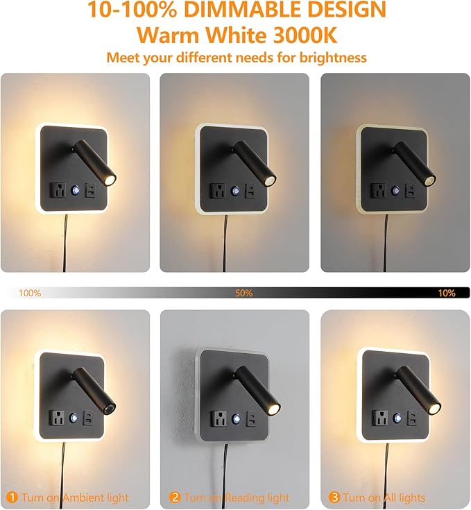 LED Wall Lamp Dimming Wall Mounted Reading Lights, Adjustable Headboard Plug in Wall Sconce with USB+USB C Ports, Headboard Bedside Lamp with 6W+3W Night Light 3000K (Black)