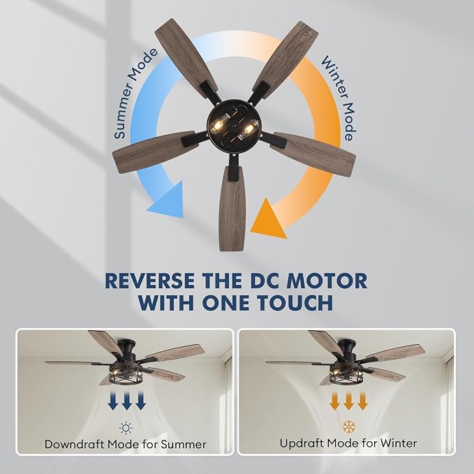 52 Inch Ceiling Fans with Lights and Remote & APP Control, Farmhouse Ceiling Fan with LED Lighting for Bedroom Living Room and Patio, Black Caged Ceiling Fan for Indoor and Outdoor(NO BULBS）