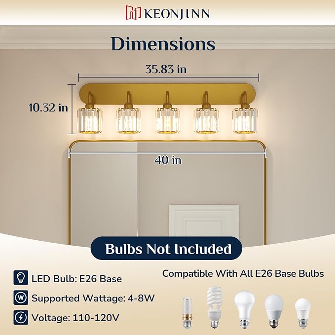 Keonjinn 5-Light Crystal Bathroom Light Fixtures Over Mirror, Gold | Vanity Lighting Fixture with Square Shades, Dimmable, Modern Style, Compatible with E26 Base LED Bulbs (Blub Not Included)