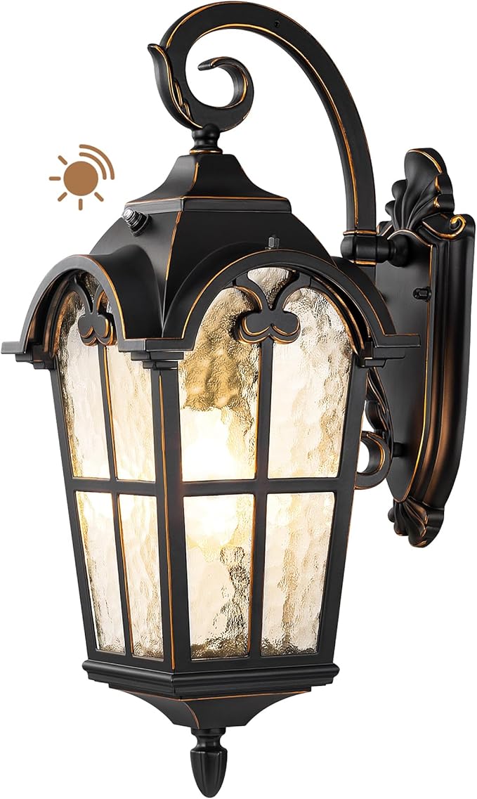 EDISHINE Dusk to Dawn Outdoor Wall Lights, 20.4" Large Size Exterior Lantern Fixture, Porch Lights Wall Mount, Roman Wall Lamp, Waterproof Outside Wall Sconce for Front Door Garage, Black | Large Size, Auto ON/OFF, Water Ripple Glass, E26 Socket, Roman...