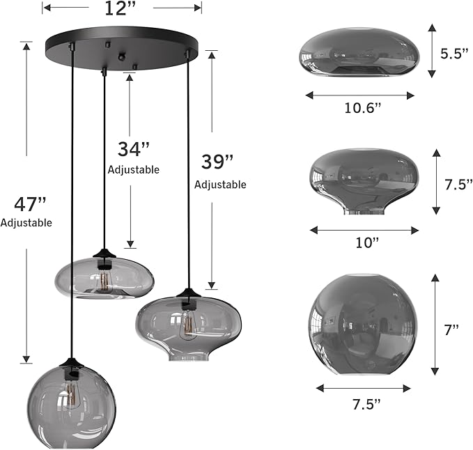 Modern 3 Lights Glass Pendant Light Smoky Gray Glass Globe Cluster Chandelier Lighting Fixtures Black Adjustable Kitchen Island Hanging Pendant Lighting Nordic Multi Lights Pendant Lamp