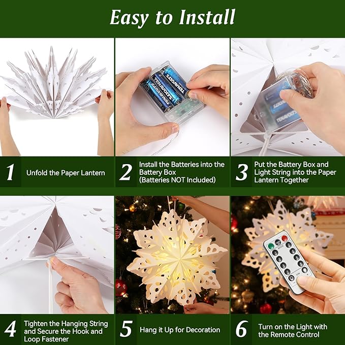 Lewondr Christmas Paper Star Lantern 5 Pack, Unique Flower Shape Lights with Remote Control, LED Paper Lanterns with 6H Timer for Holiday Home Decoration, 17.72 × 17.72 × 1.97 Inch, Warm Light