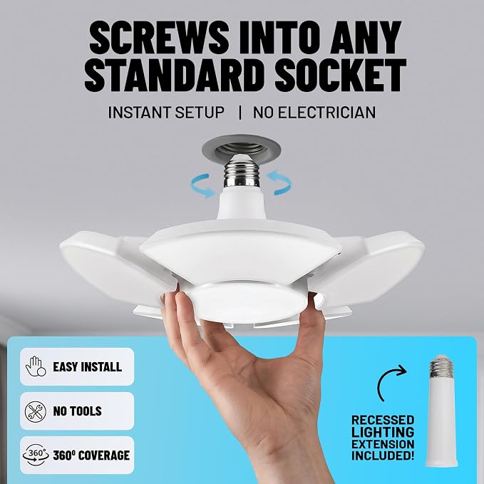 Bell+Howell Socket Burst 6 Panel Screw in LED Garage Lights | 3500LM Ultra Bright LED Shop Lights for Garage, Shed, Attic, Wrokshop, Screw-in E26/E27, 6 Light Panels, Easy to Install