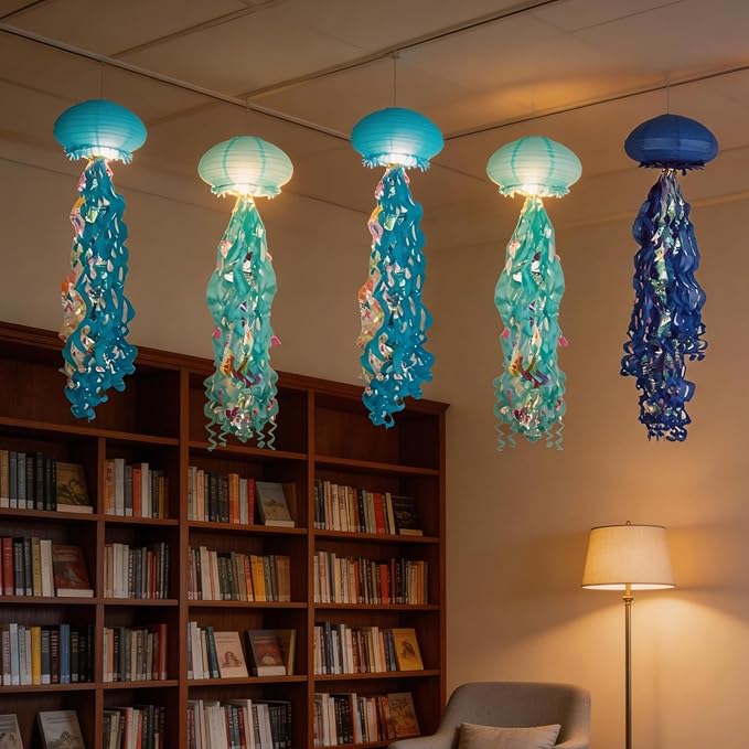 Jellyfish Paper Lanterns with LED Lights Set of 6, Blue Mix Oval Hanging Floating Decorations for Under The Sea Party Mermaid Birthday Ocean Classroom Beach Room Aesthetic