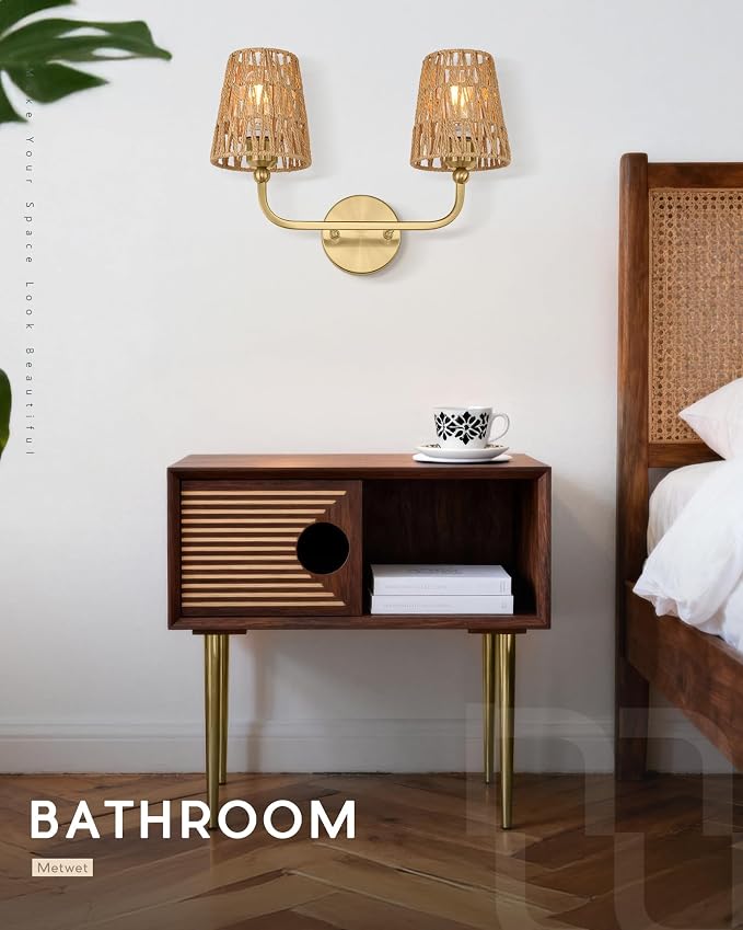2-Light Brushed Gold Bathroom Vanity Light, Handwoven Rattan Shades | Ideal for 20-28" mirrors, 17" double wall sconce, upward only, E26 base, hardwired, bulbs not included, VL837-BG-RA-2-S