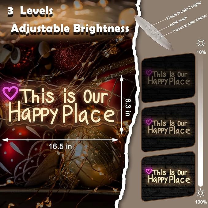 This is our happy place neon sign, suitable for wedding birthday girl party bar wall decoration, dimmable, USB powered, pink heart shape