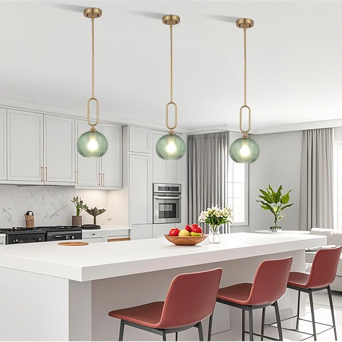 Green Glass Pendant Light Set of 2 Modern Globe Pendant Lighting Nordic Ribbed Gold Ceiling Hanging Chandelier with Brushed Brass Adjustable Rods Dining Room Kitchen Island Light Fixture