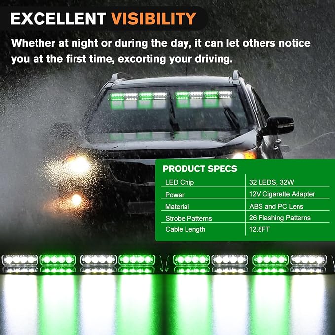 Nilight 32LED Green White Emergency Dash Strobe Lights with Controller | Suction Cups Warning Hazard Interior Front/Rear Windshield Deck Split Light Bar for Trucks Construction Vehicles
