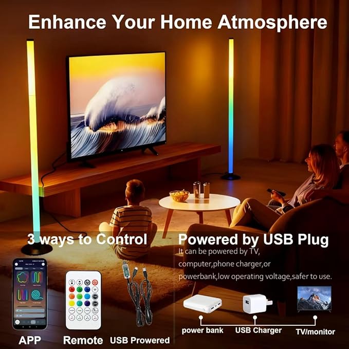IC+RGBW Led Corner Floor Lamp USB Powered App, Remote Control, 2 Pack | App & Remote Control Color Changing, Timer, 64+ Music Modes Standing Lamps for Living Room Lamp Bedroom Gaming Room